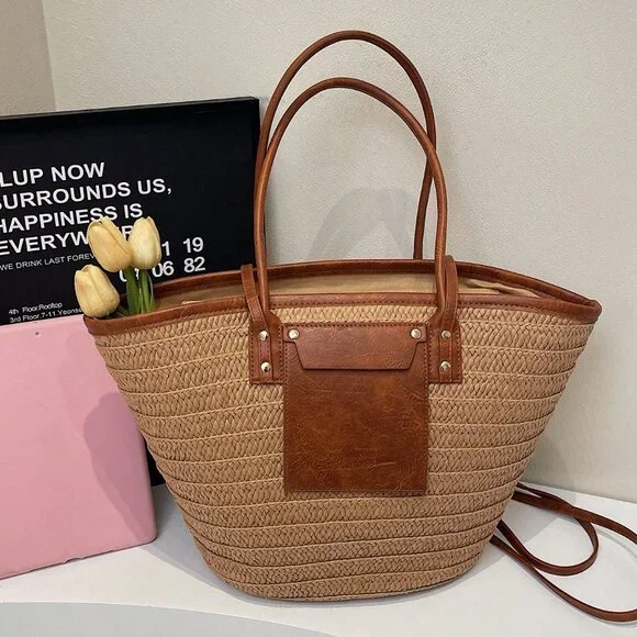 Khaki Casual Women's Woven Tote Large Capacity Beach Bag - Picture 4 of 5